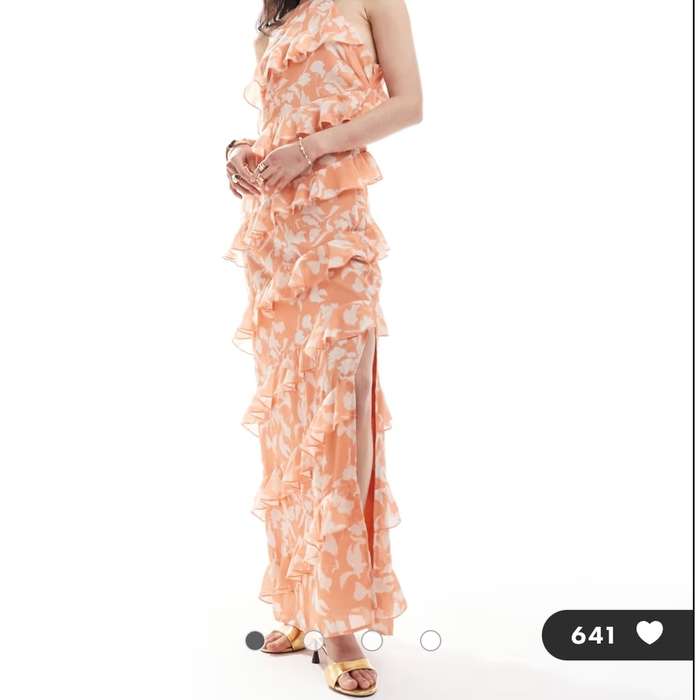 Orange and Pink Maxi Dress with Spaghetti Straps and Ruffles